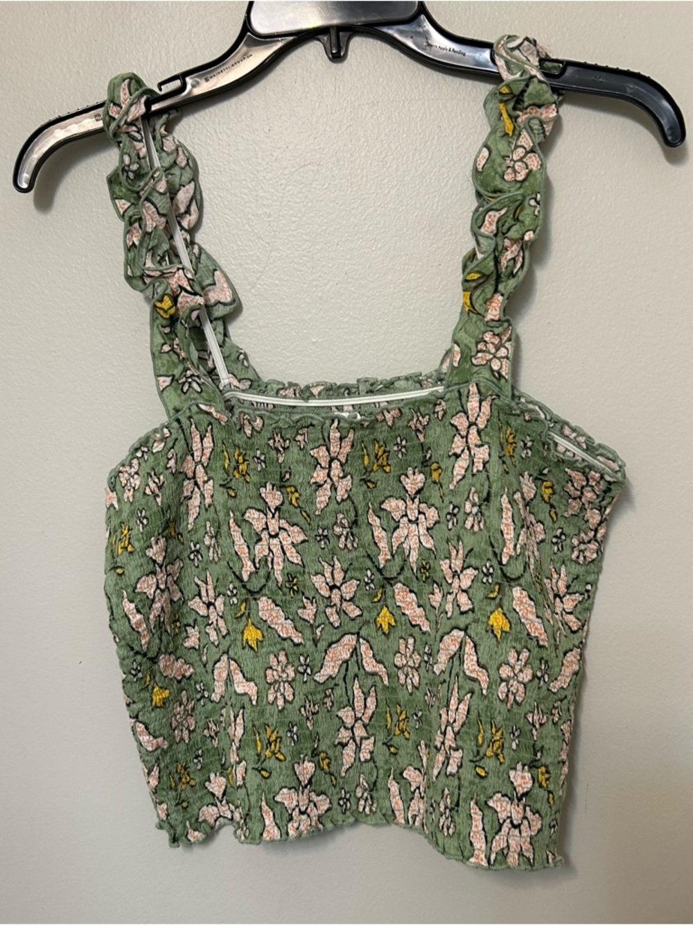 Aerie Jungle Thrills Green Floral Smocked Crop Tank Top, Ruffle Straps in Large‎